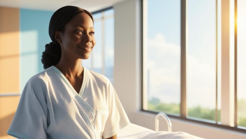 Woman in white shirt, in hospital